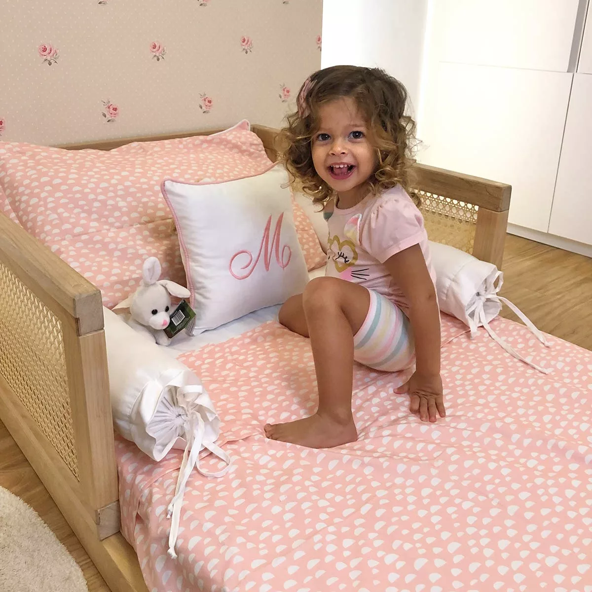 Mini cama Juvenil Infantil Gatinho Branca/Rosa Com Colchão