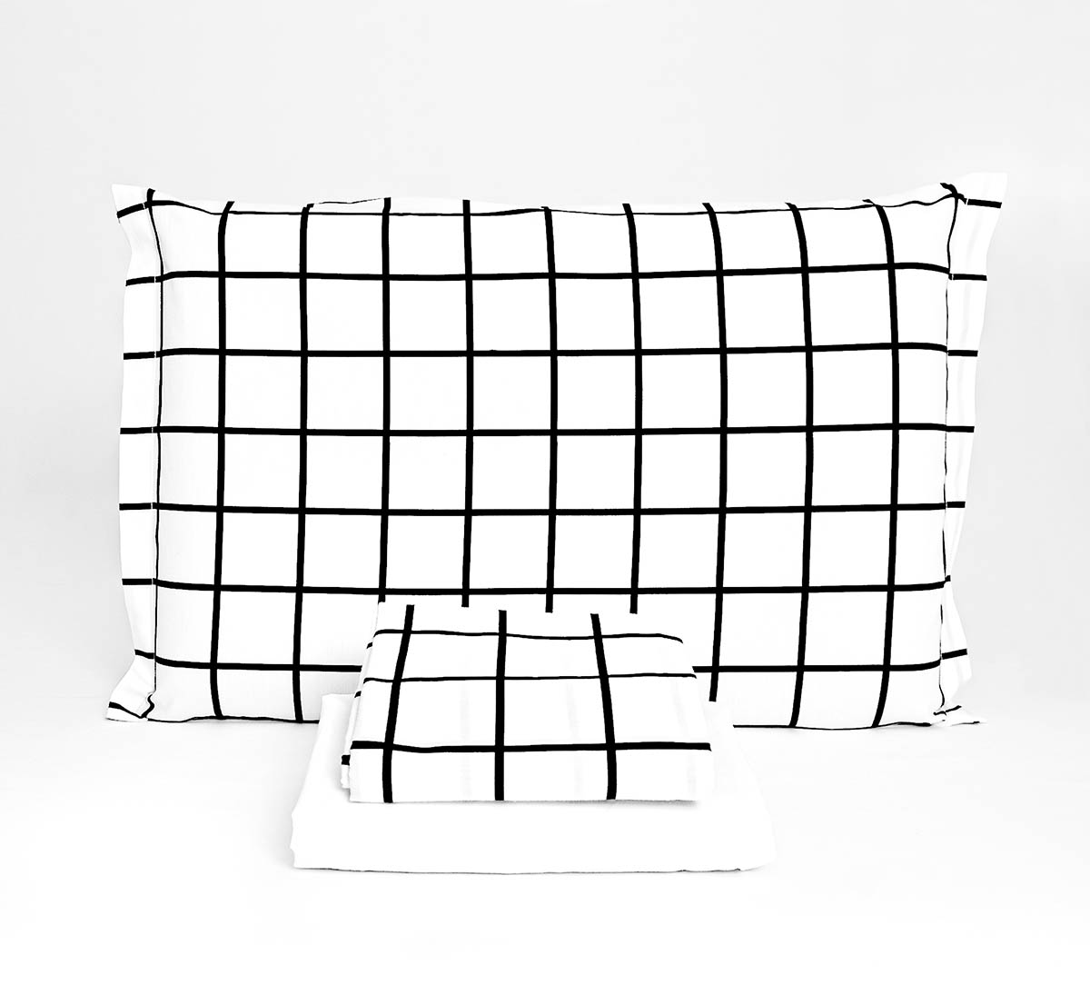 Jogo de Cama Quadriculado Grid Preto e Branco com Lençol de Elástico Branco