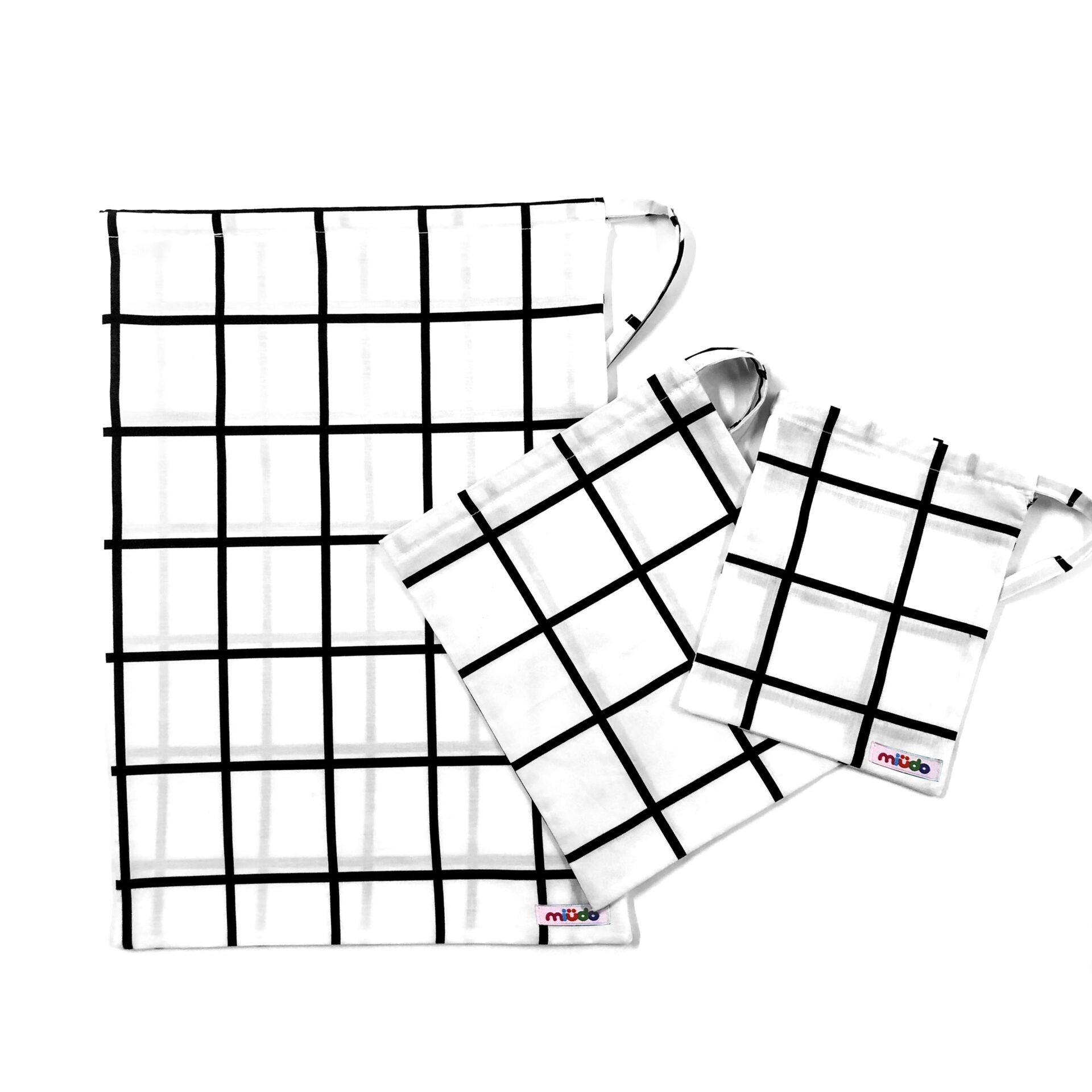 Saco Organizador Infantil Multiuso – Quadriculado Grid Preto e Branco – Kit com 3