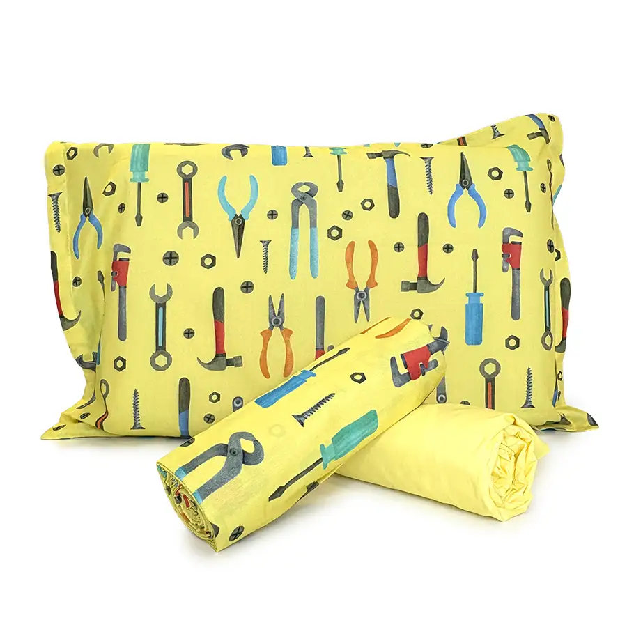 Jogo de Cama Ferramentas com Lençol de Elástico Amarelo Claro