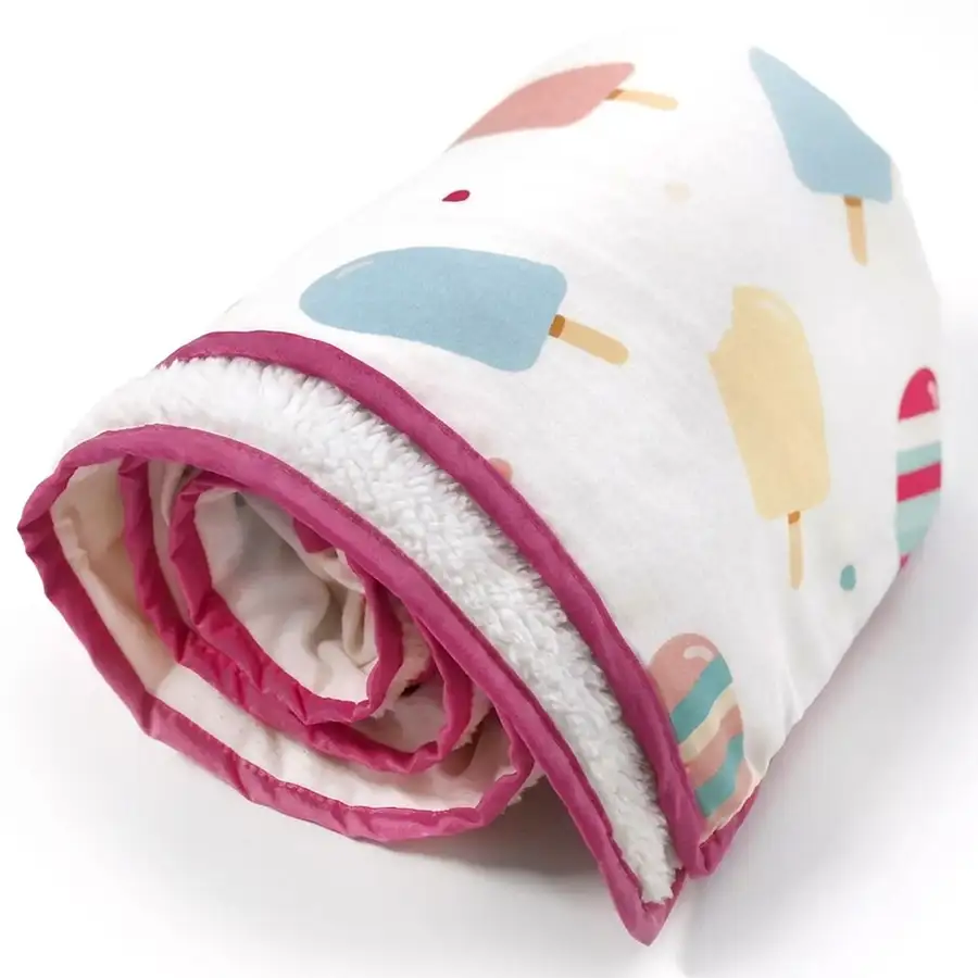 Manta Cobertor Infantil Picolés Branco com Detalhe Rosa Goiaba