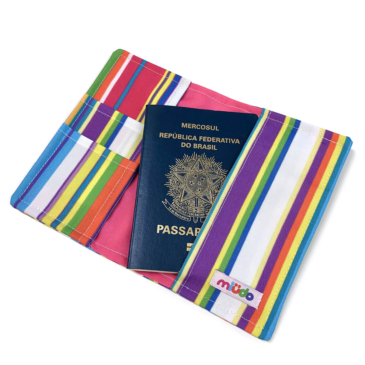 Porta Passaporte Listrado com Rosa