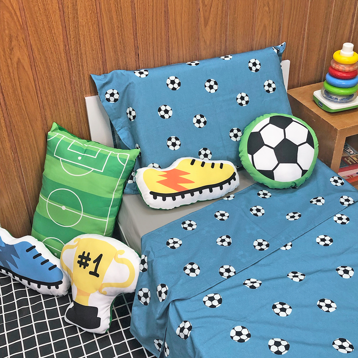 Jogo de Cama Bolas Azul com Lençol de Elástico Quadriculado Grid