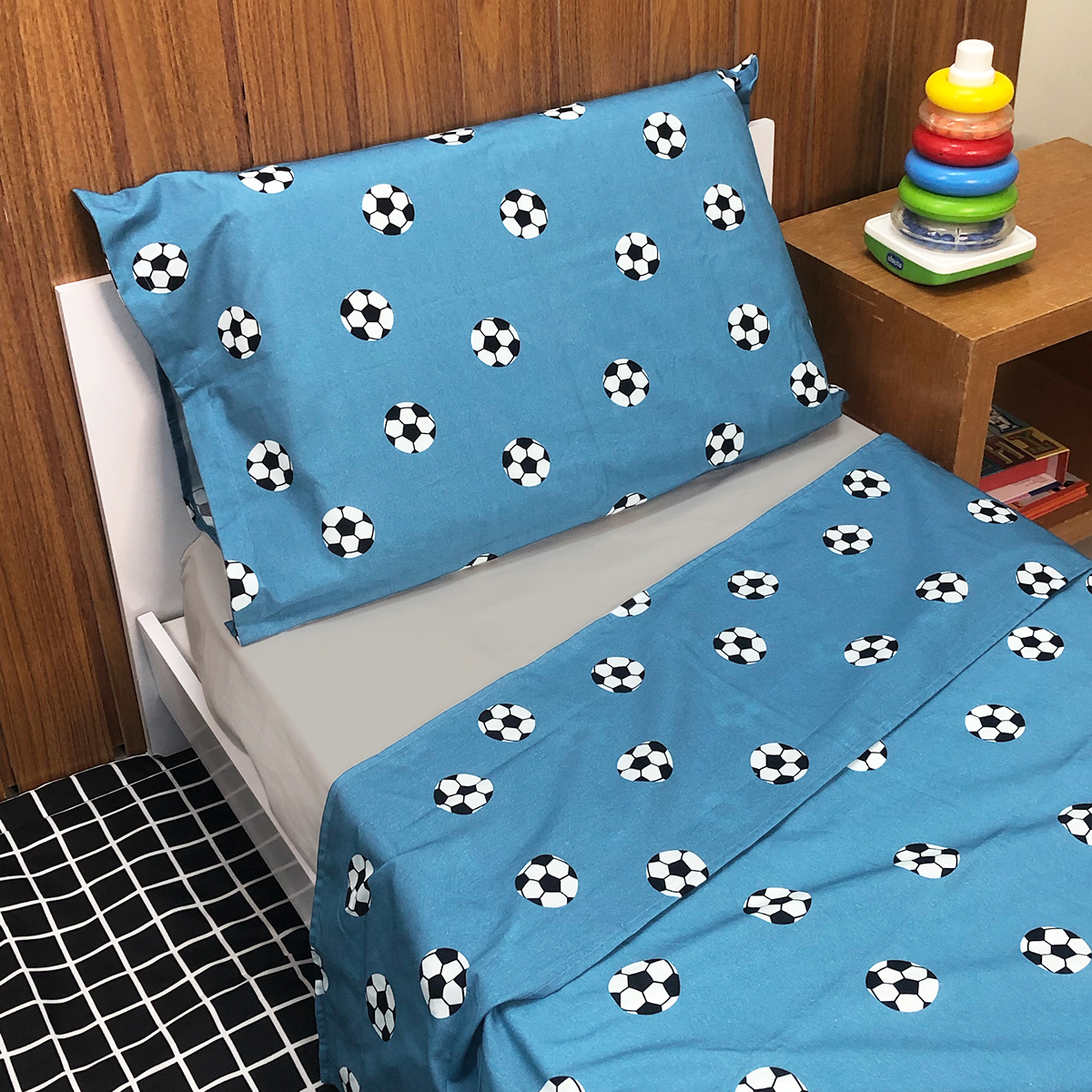 Jogo de Cama Bolas Azul com Lençol de Elástico Cinza - Miüdo