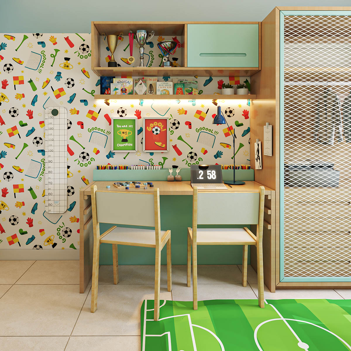 Decoração de quarto futebol com tapete de campo de futebol e quadrinhos de bola e troféu. Papel de parede exclusivo da Miüdo.