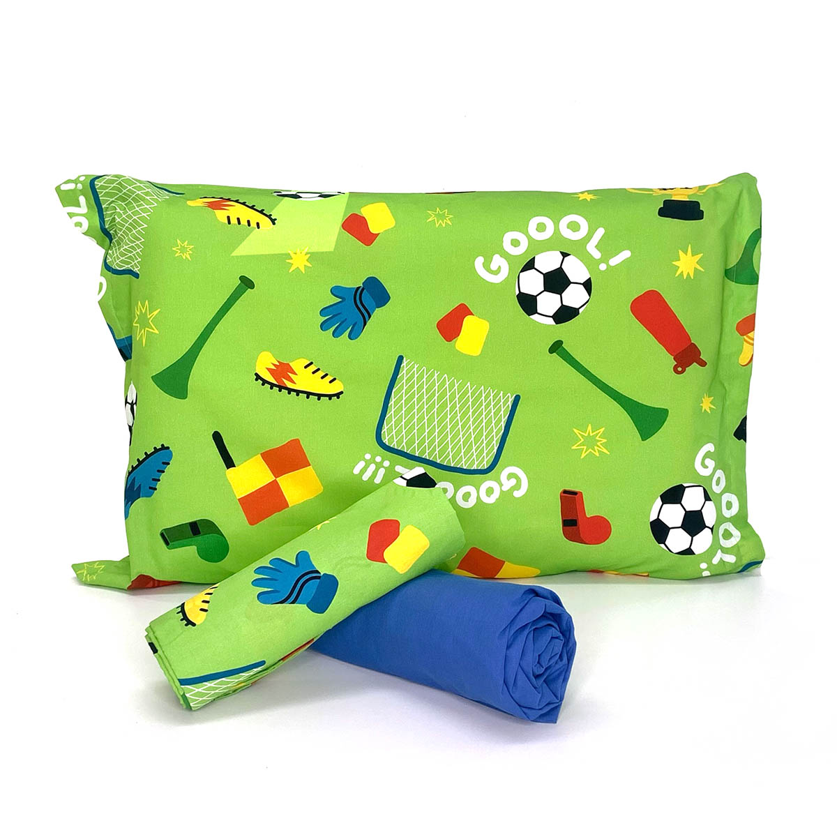 Jogo de Cama Futebol Verde com Lençol de Elástico Azul Celeste