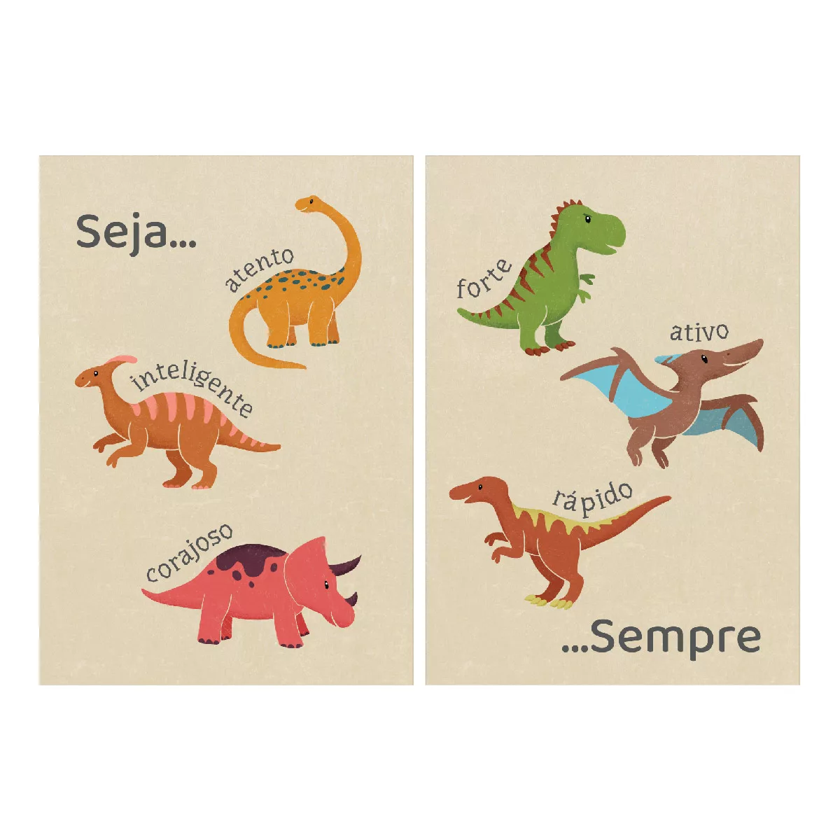 kit 5 Quadros Infantil Desenhos Coloridos de Dinossauros