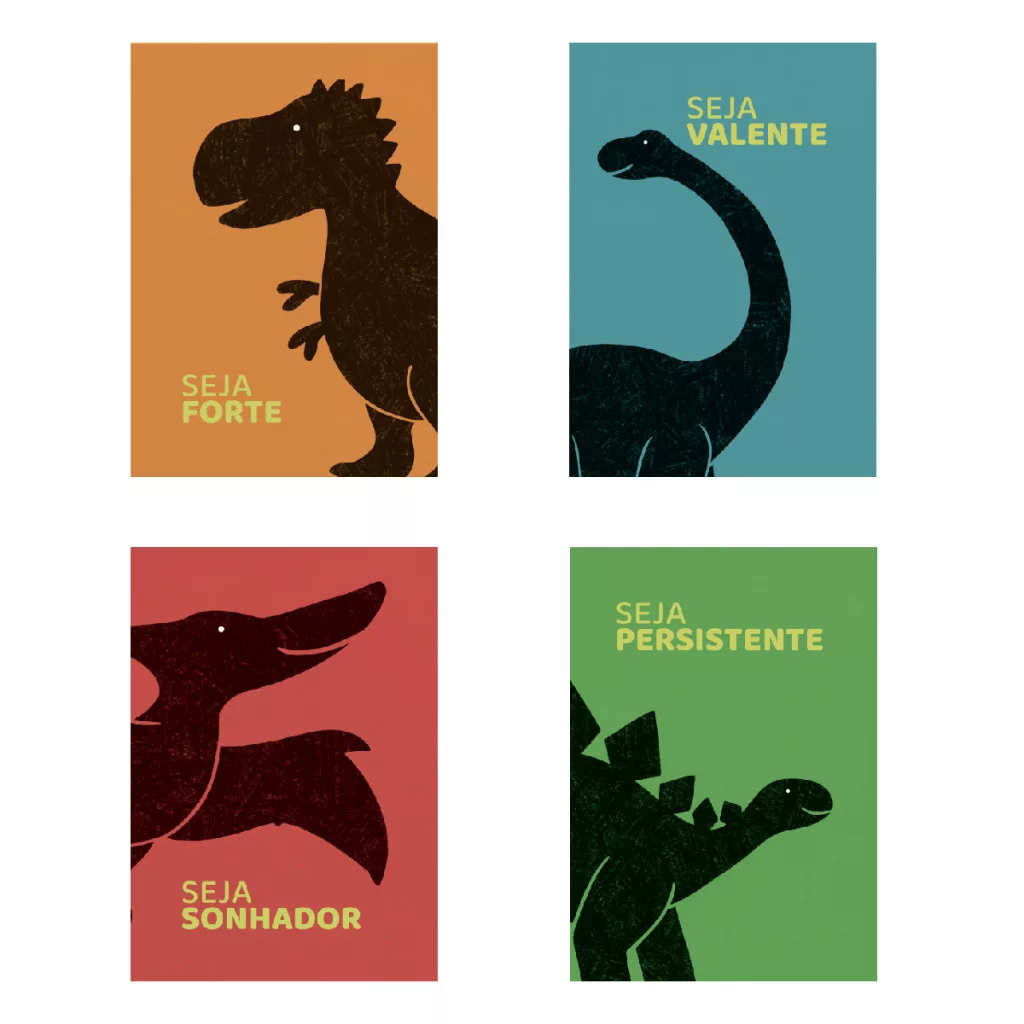 Conjunto de 4 Pôsteres Dinossauros Silhueta - Miüdo