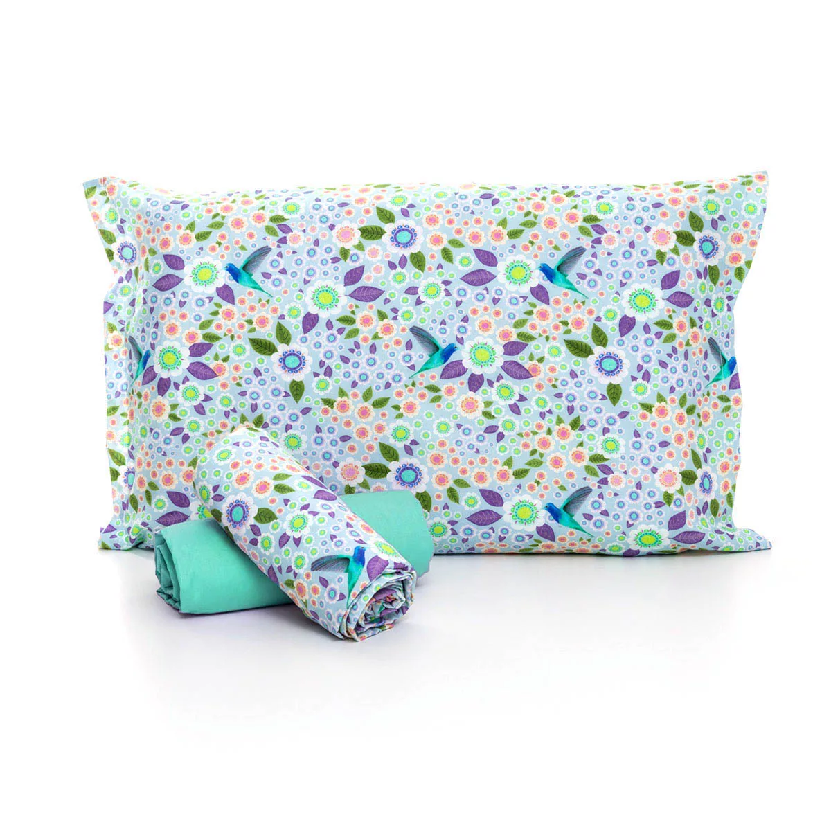 Jogo de Cama Beija-Flor com Lençol de Elástico Verde Tiffany