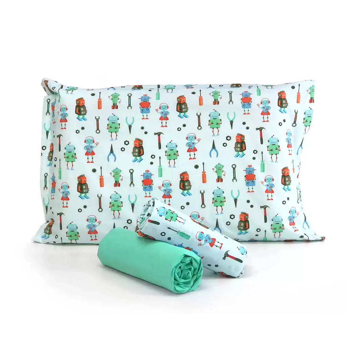 Jogo de Cama Robôs com Lençol de Elástico Verde Tiffany