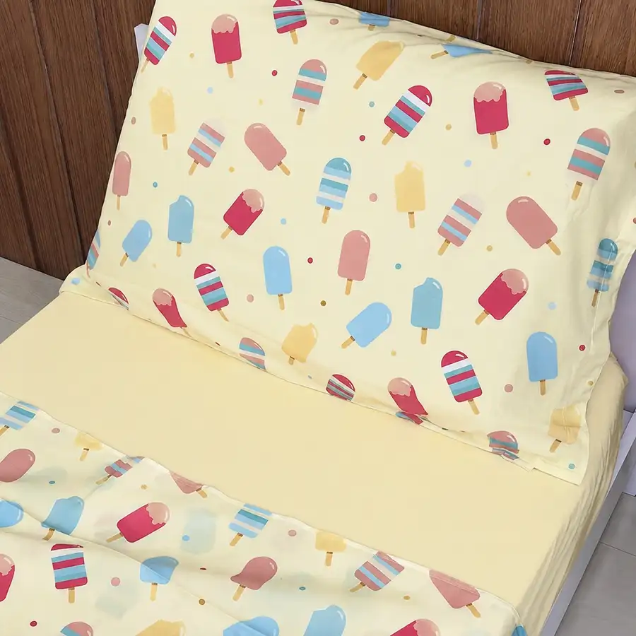 Jogo de Cama Picolés Amarelo com Lençol de Elástico Percal Amarelo Claro
