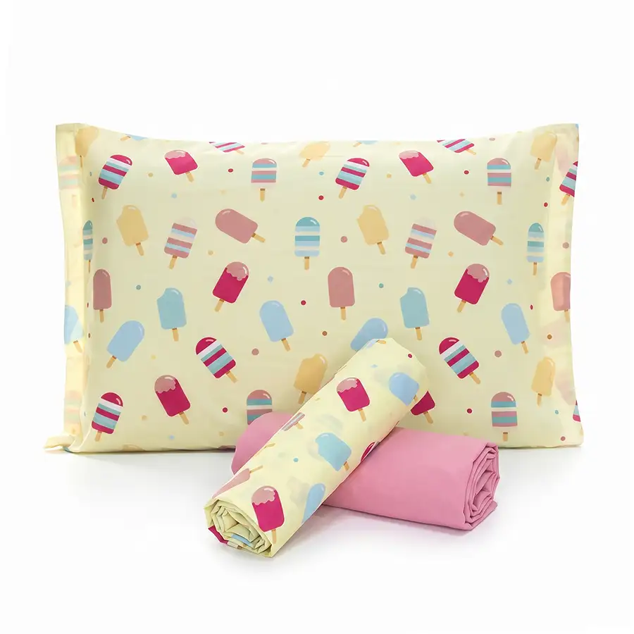 Jogo de Cama Picolés Amarelo com Lençol de Elástico Rosa Chiclete