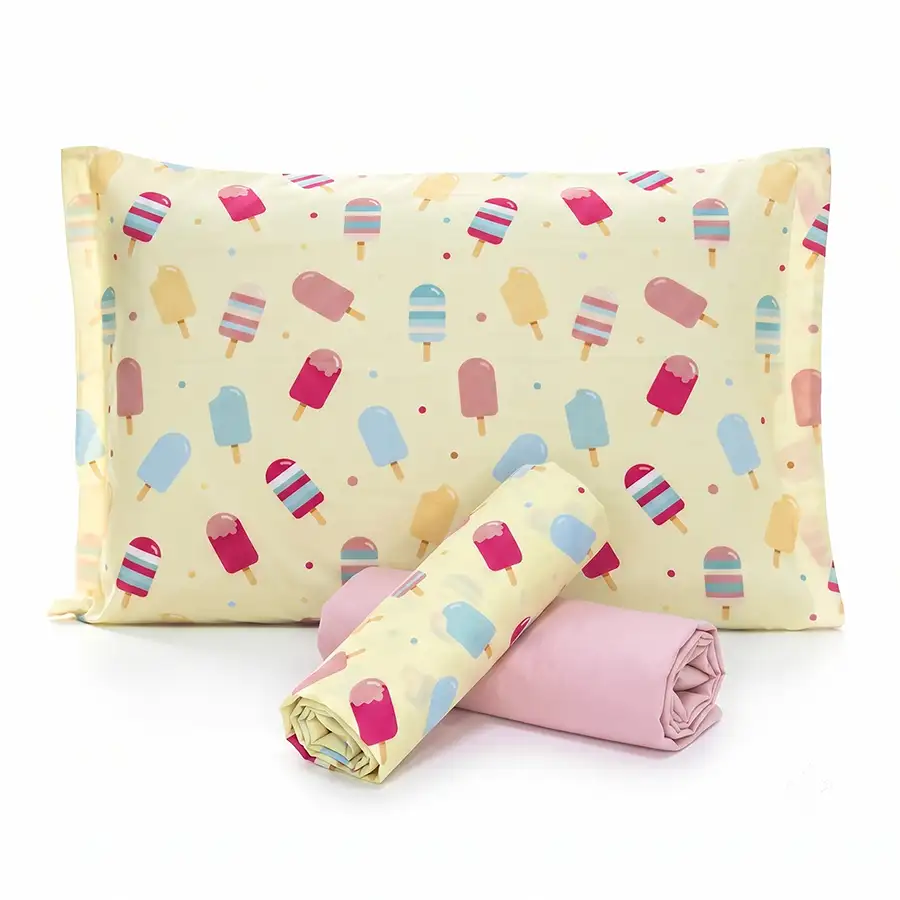 Jogo de Cama Picolés Amarelo com Lençol de Elástico Rosé