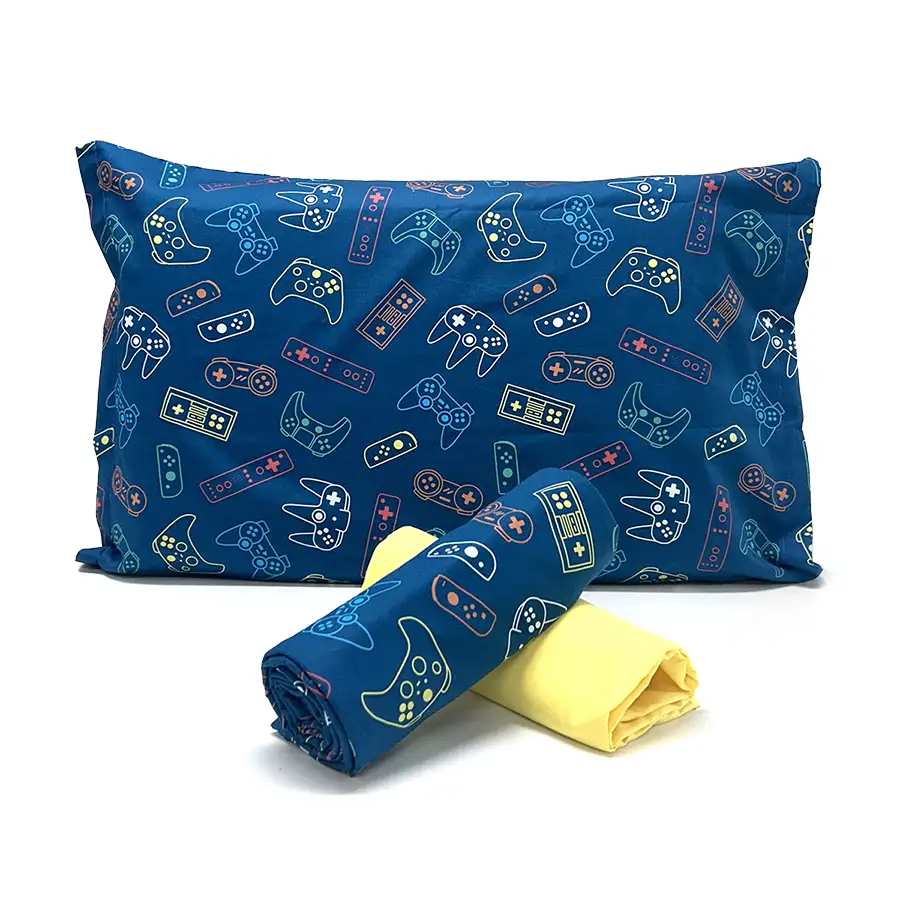 Jogo de Cama Gamer Azul com Lençol de Elástico Amarelo Claro