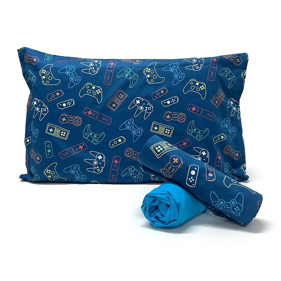 Jogo de Cama Gamer Azul com Lençol de Elástico Azul Piscina