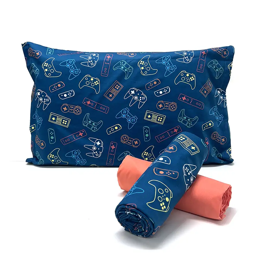 Jogo de Cama Gamer Azul com Lençol de Elástico Coral