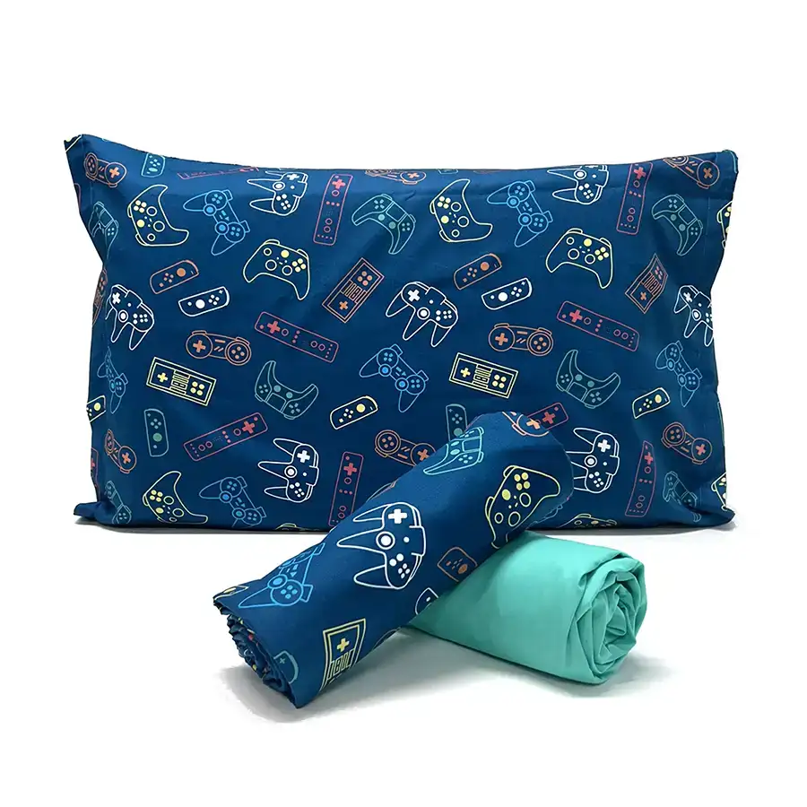 Jogo de Cama Gamer Azul com Lençol de Elástico Verde Tiffany