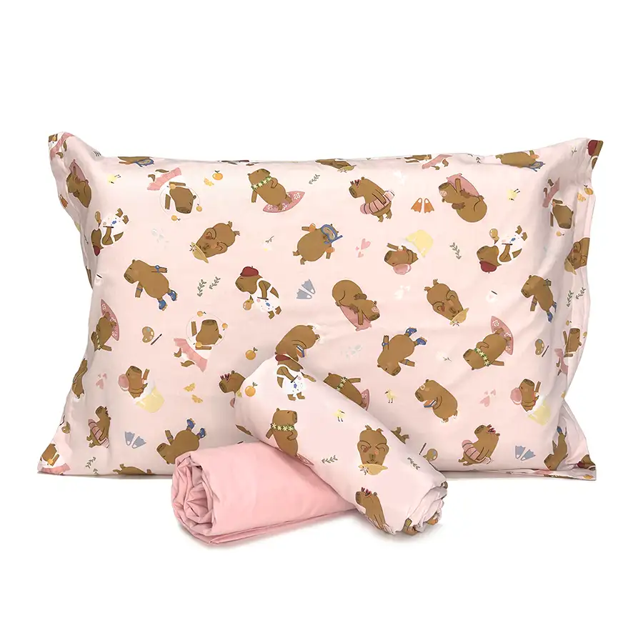 Jogo de Cama Capivaras com Lençol de Elástico Rosé