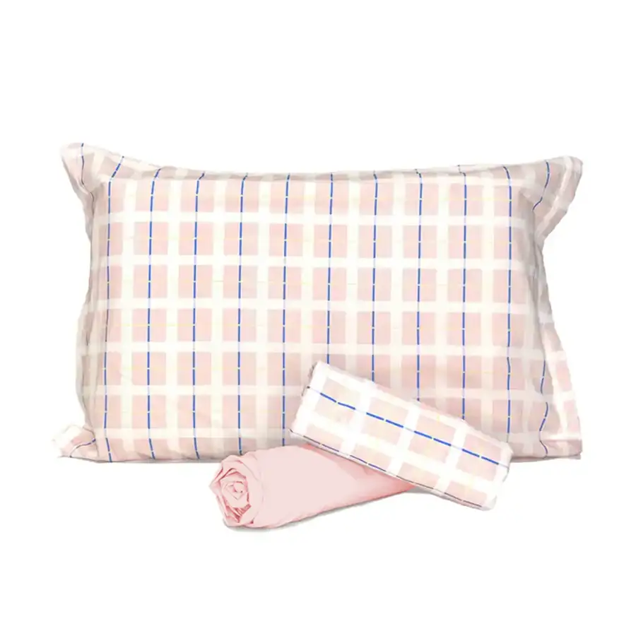 Jogo de Cama Xadrez Rosa com Lençol de Elástico Rosé