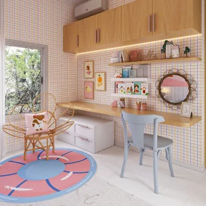 Escrivaninha Quarto de Menina com papel de parede xadrez