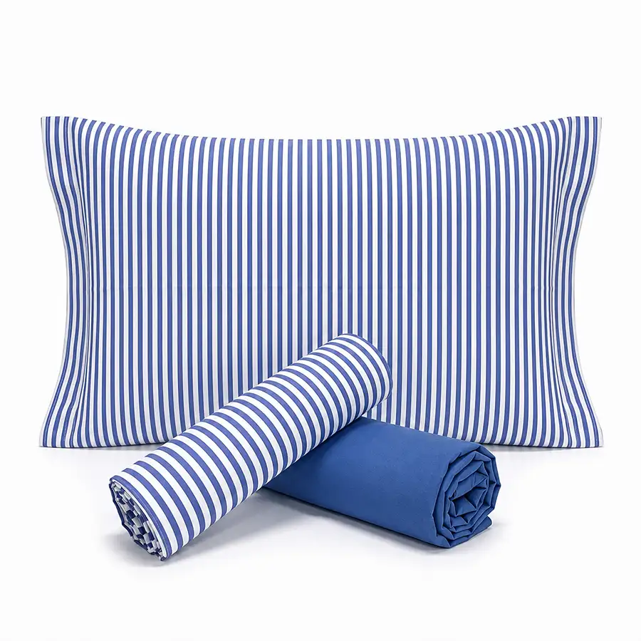 Jogo de Cama Listrado Azul com Lençol de Elástico Azul Celeste