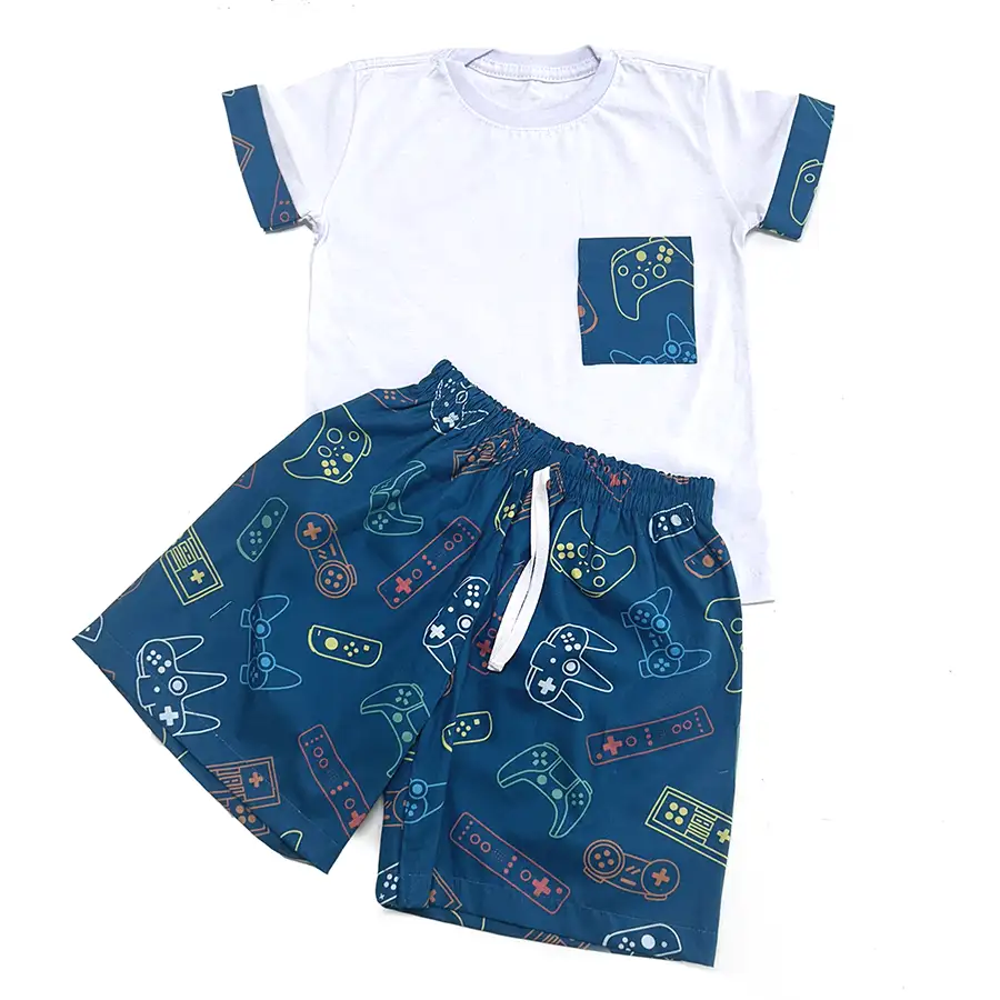 Pijama Curto Camiseta Gamer Azul