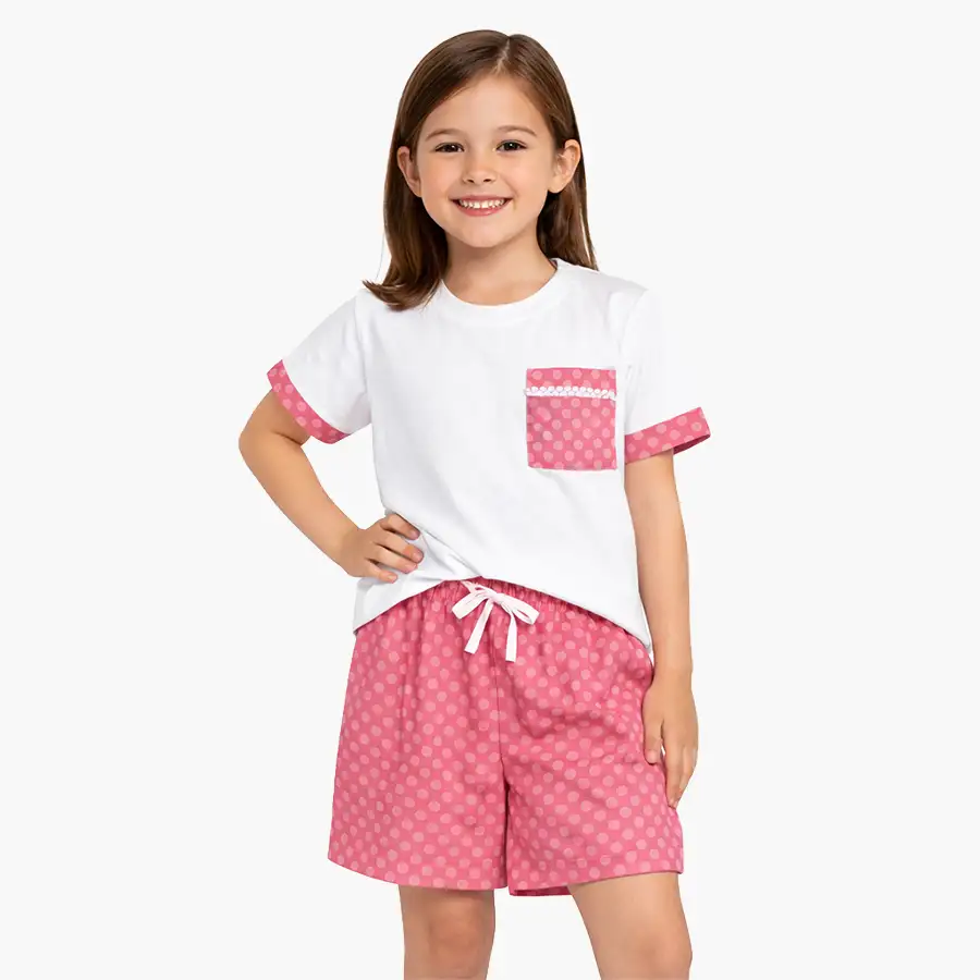 Pijama Curto Camiseta Poá Rosa