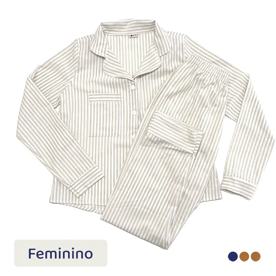 Pijama Americano Longo Adulto Listrado Creme