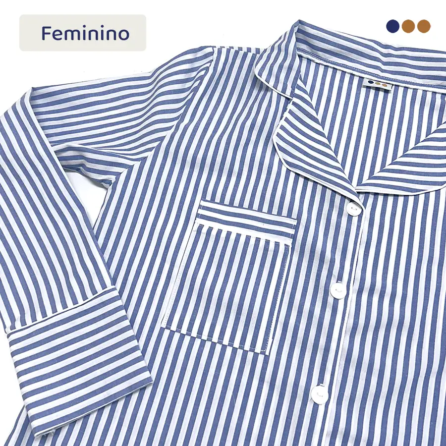 Pijama americano feminino longo listrado azul