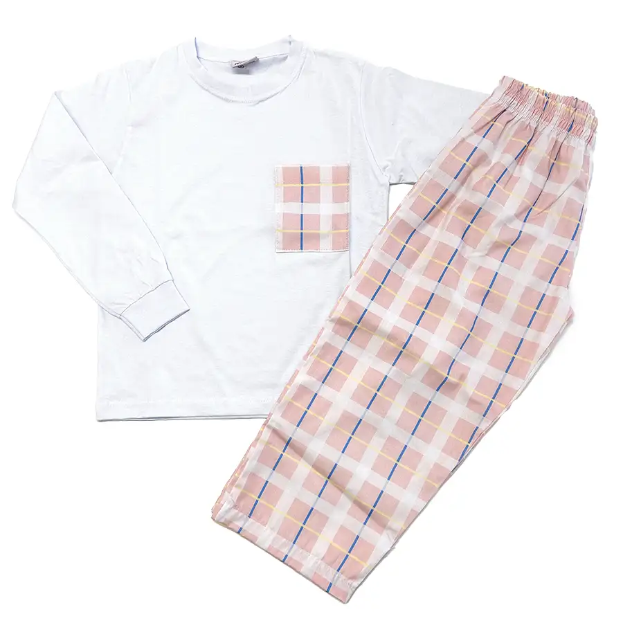 Pijama Longo Camiseta Xadrez Rosa