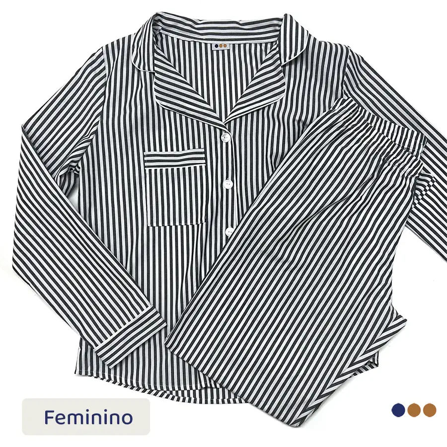 Pijama Americano Longo Adulto Listrado Preto e Branco