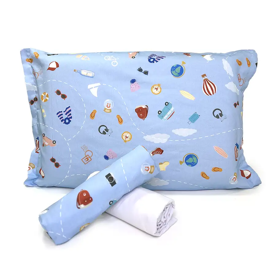 Jogo de Cama Viagem Azul com Lençol de Elástico Branco