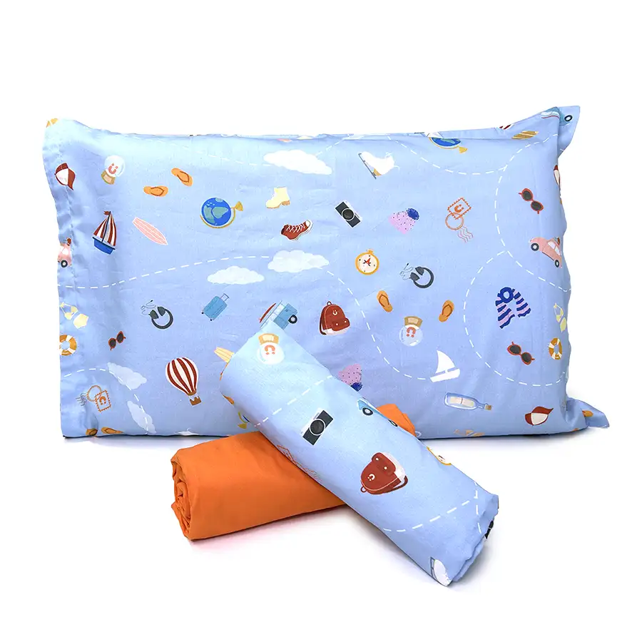 Jogo de Cama Viagem Azul com Lençol de Elástico Laranja Escuro