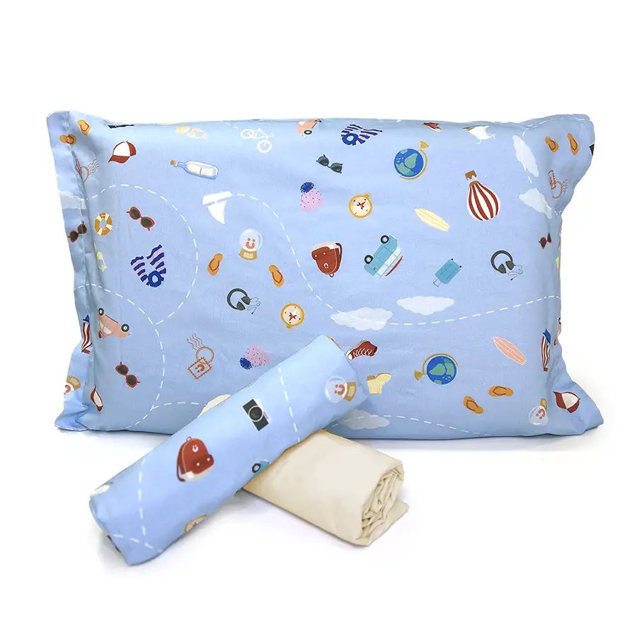 Jogo de Cama Viagem Azul com Lençol de Elástico Creme