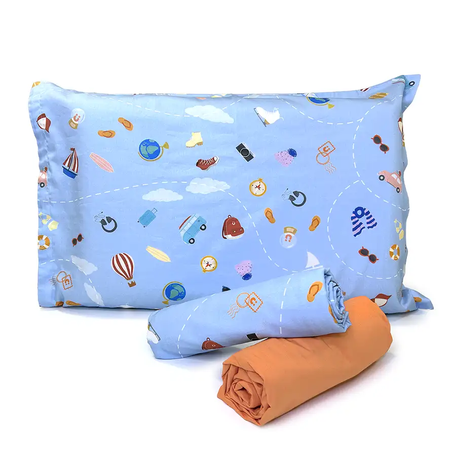 Jogo de Cama Viagem Azul com Lençol de Elástico Laranja Claro