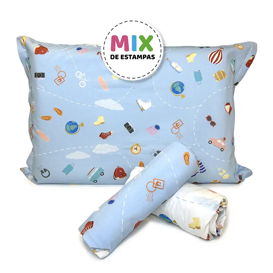 Jogo de Cama Viagem Azul com Lençol de Elástico Viagem Branco