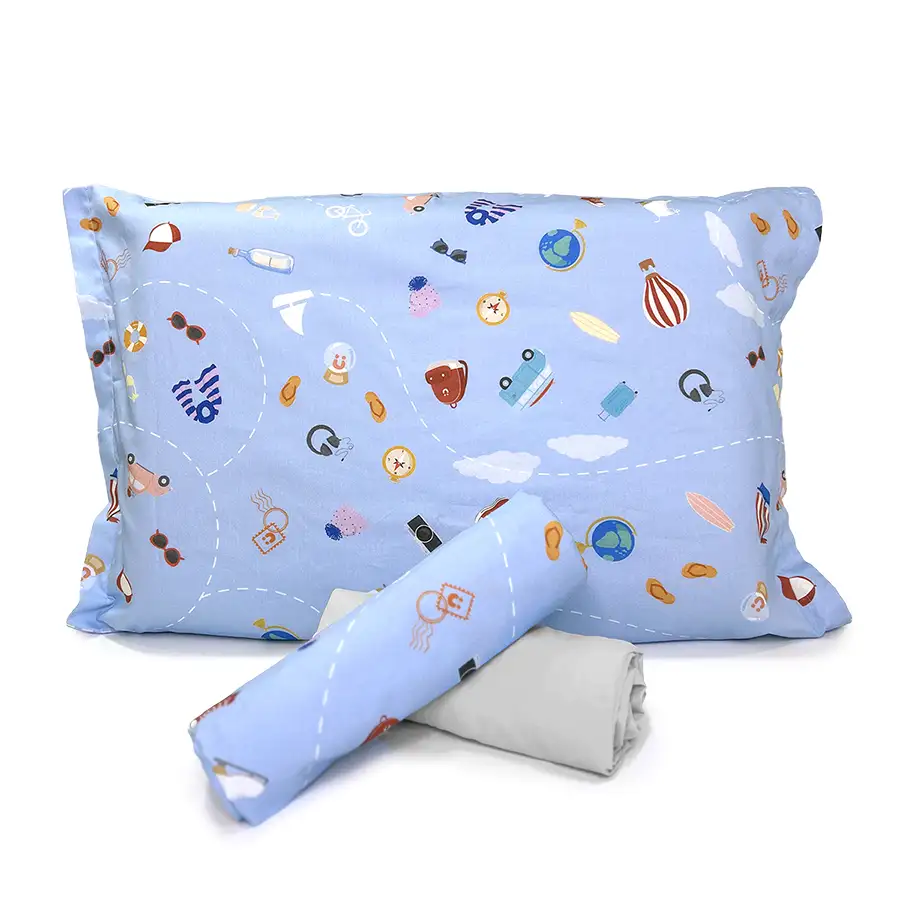 Jogo de Cama Viagem Azul com Lençol de Elástico Cinza Claro