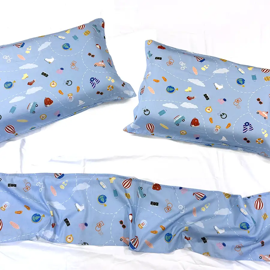 Jogo de Cama Viagem Azul – 4 peças – Vira estampada