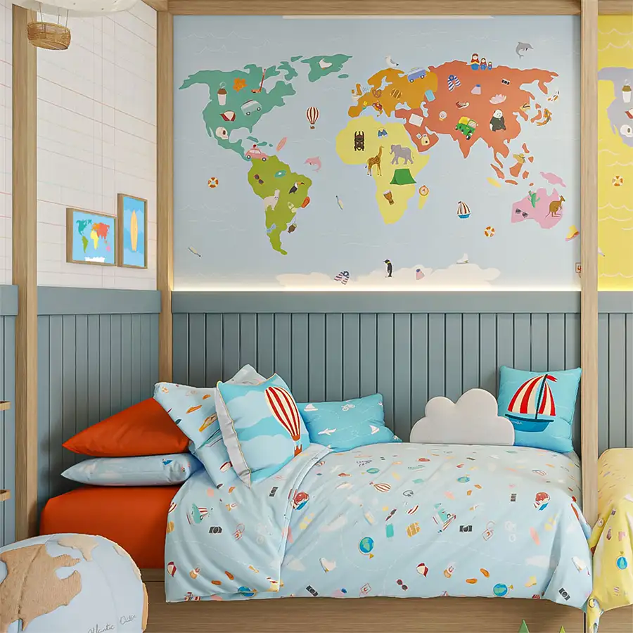 Roupa de cama infantil menino tema volta ao mundo