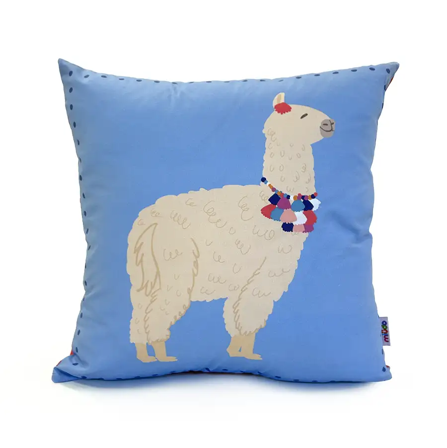 Capa de Almofada Lhama 40×40 Azul Costas Rosa Goiaba