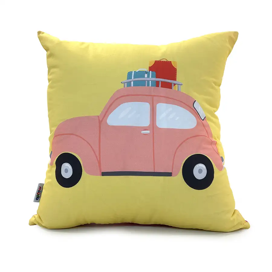 Capa de Almofada Amarela Fusca 40×40 Costas Rosa Chiclete