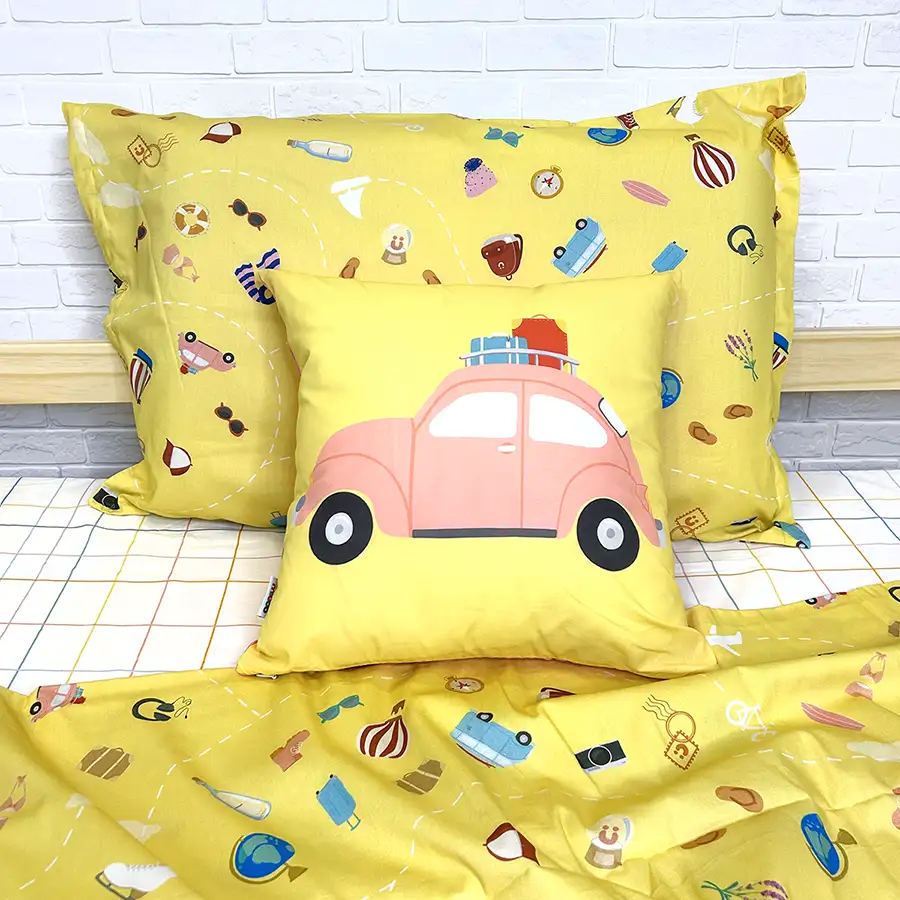 Capa de almofada fusca e jogo de cama viagem amarelo