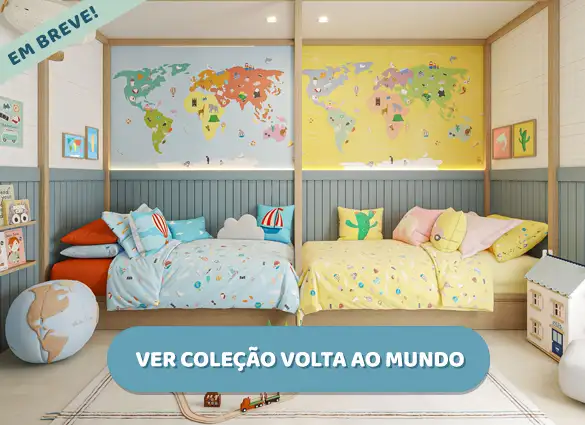 Coleção Viagem de Volta ao Mundo. Roupas de cama e decoração infantil.