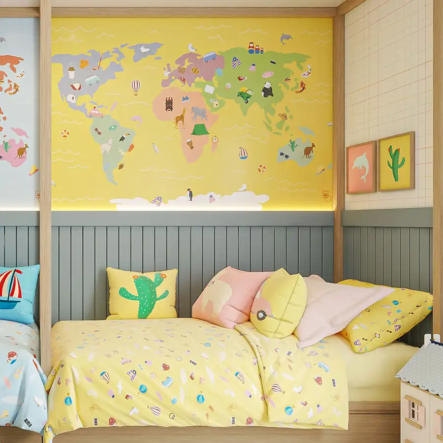 Cama tema volta ao mundo para menina