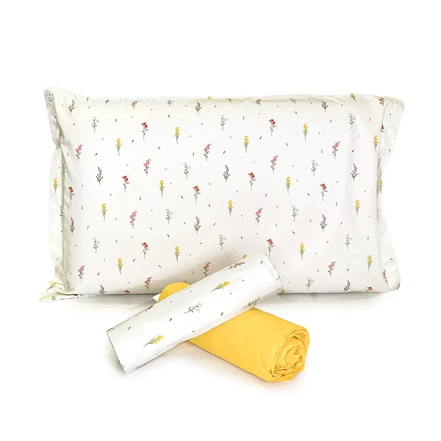 Jogo de Cama Florzinhas com Lençol de Elástico Amarelo Ovo