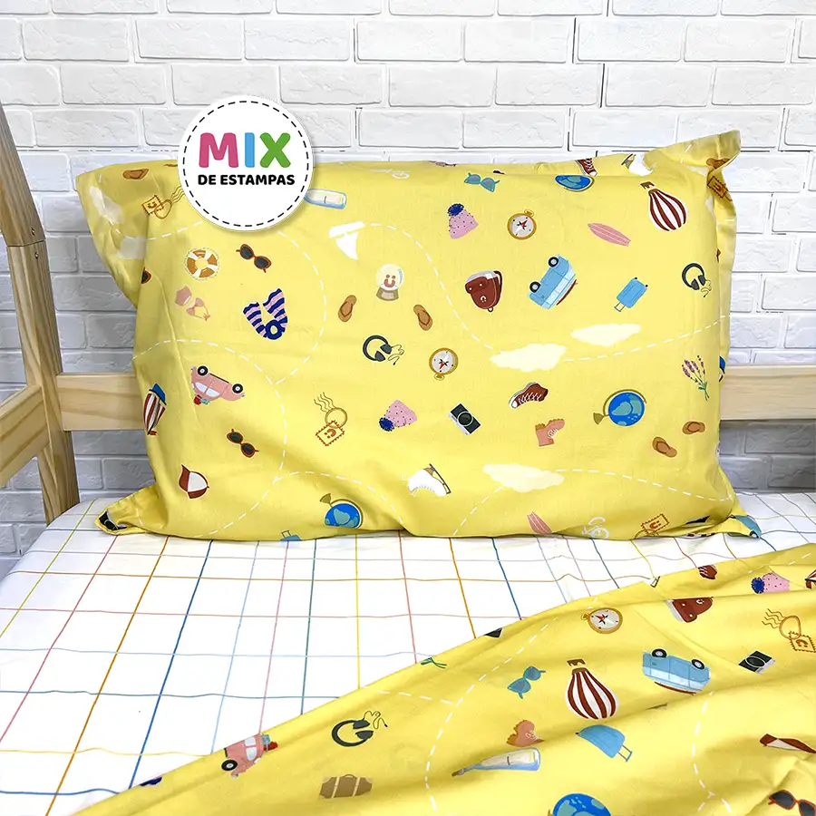 Jogo de Cama Viagem Amarelo com Lençol de Elástico Xadrez