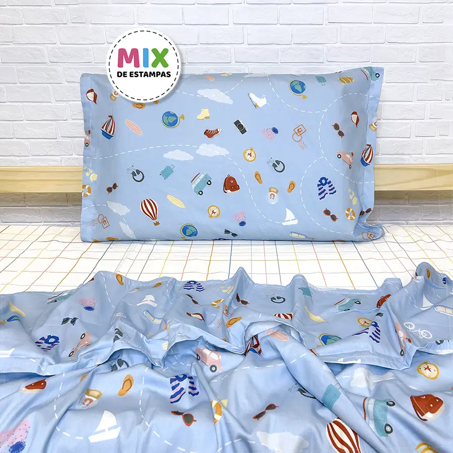 Jogo de Cama Viagem Azul com Lençol de Elástico Xadrez
