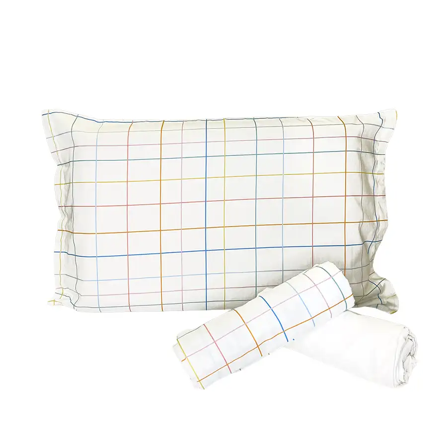 Jogo de Cama Xadrez Cores Pastéis com Lençol de Elástico Off White