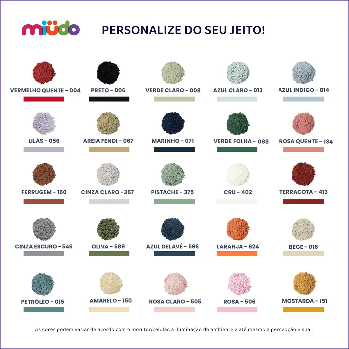 Tabela de cores de fios de algodão para tapetes