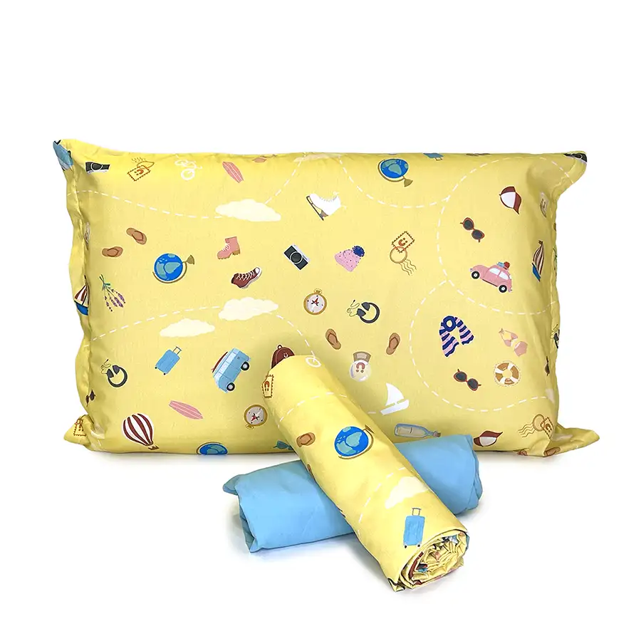 Jogo de Cama Viagem Amarelo com Lençol de Elástico Azul Turquesa